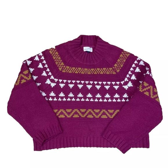 UNIVERSAL THREAD Crop Sweater Women Magenta Knit Mock Neck Gran Fair Isle L Geo - Picture 2 of 16
